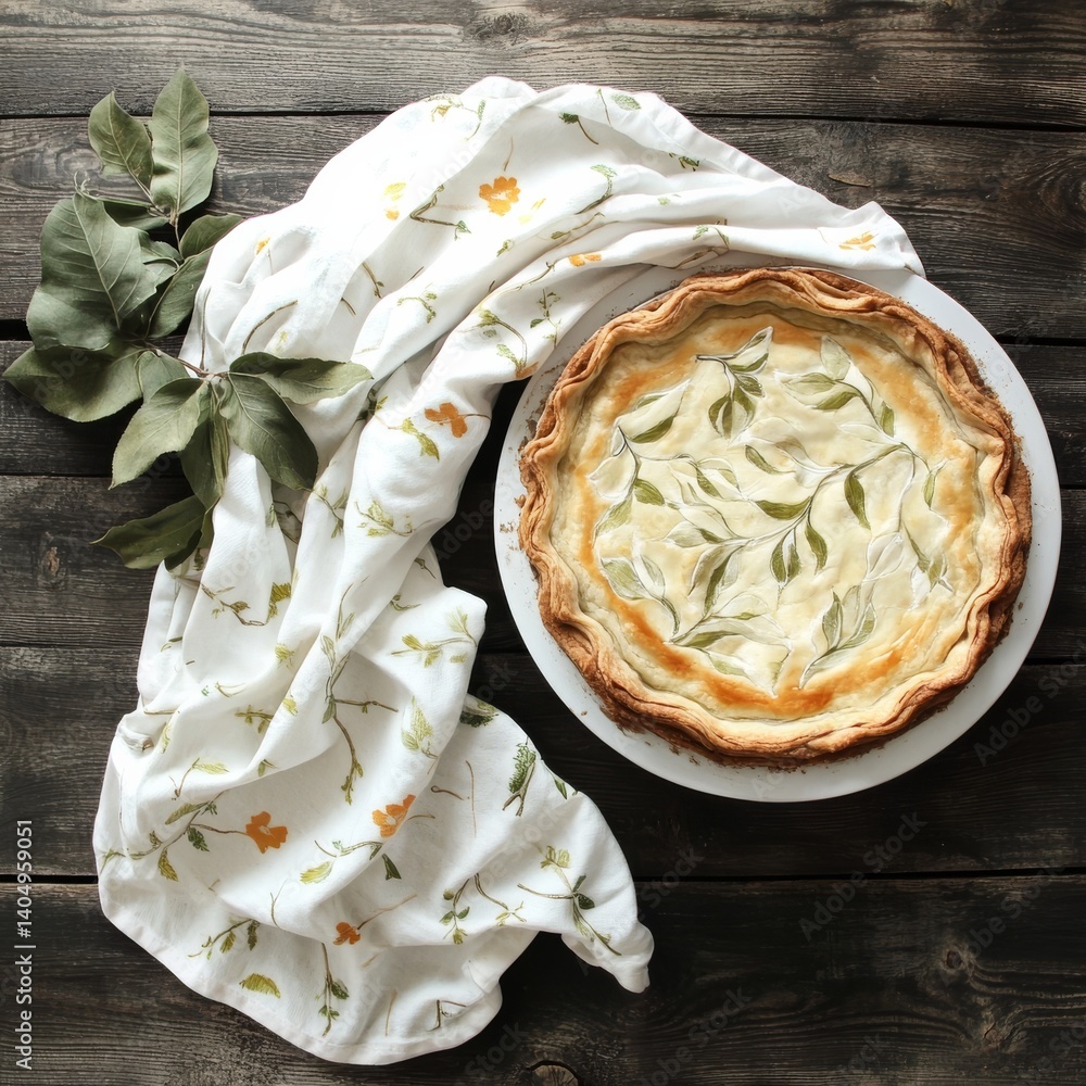 Wooden table: apple pie, towel.