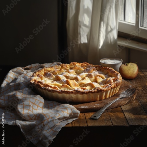 Obraz na płótnie Apple pie with towel on wood. w salonie