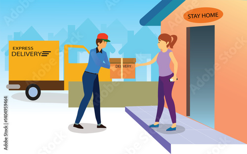 Safe home express delivery concept. : man delivering a box to a customer at home
