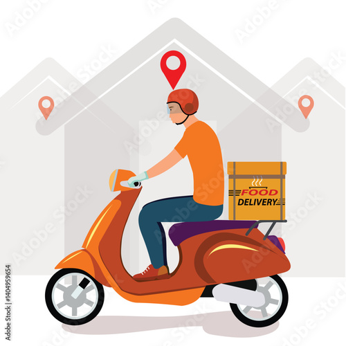 Delivery, the guy on the moped. Contactless delivery. Stay at home concept. Service for ordering food online. Courier services. Vector.