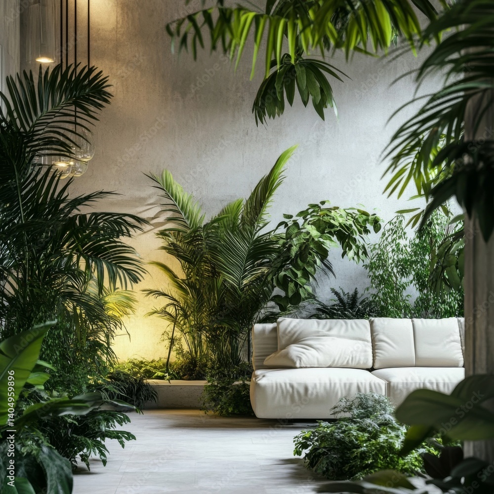 Green plants fill interior space.