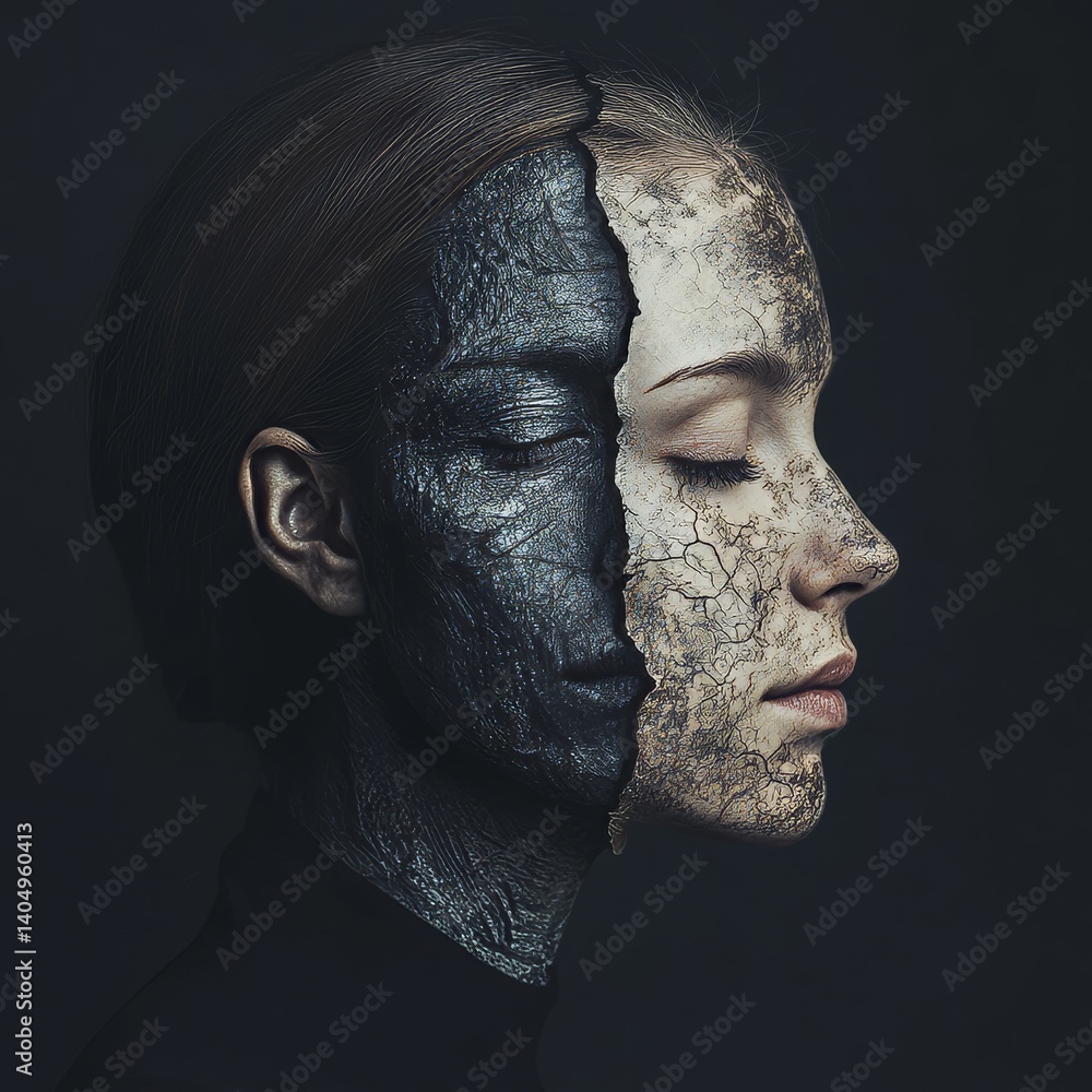 Young woman with a mental disorder and an alter ego.