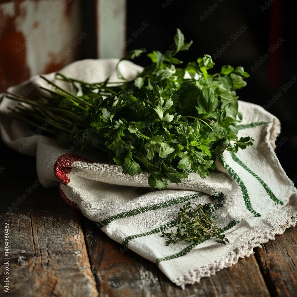 Greenery and herbs on cloth.