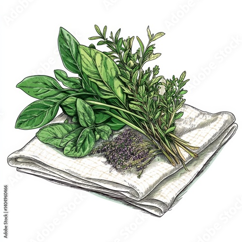 Organic herbs on kitchen towel.