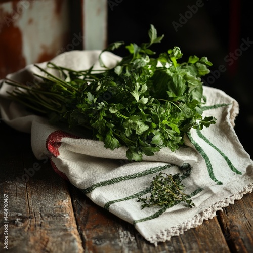 Obraz na płótnie Greenery and herbs on cloth. w salonie