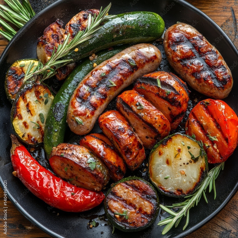 Grilled sausage, mixed veggies.
