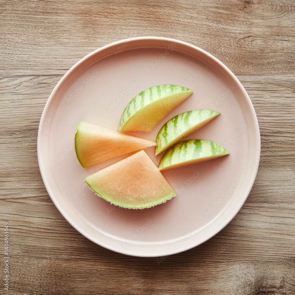 Melon slices on a wooden plate.