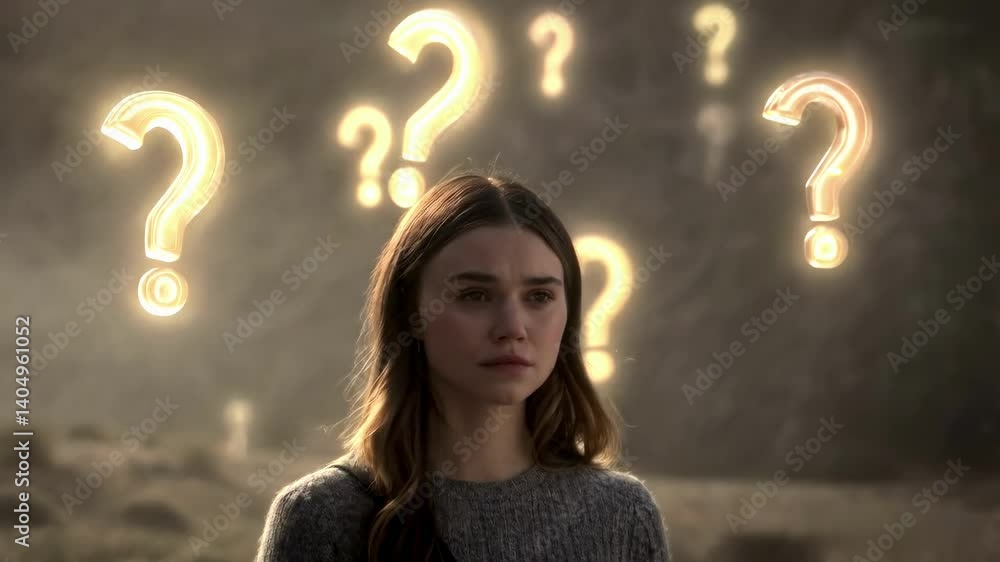 Young woman contemplates multiple question marks floating above her ...