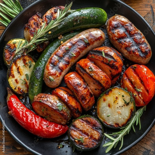 Grilled sausage, mixed veggies.