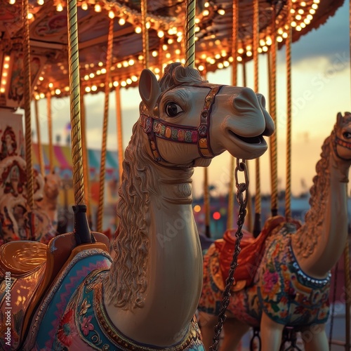 Obraz na płótnie Child rides carousel camel at sunset. w salonie