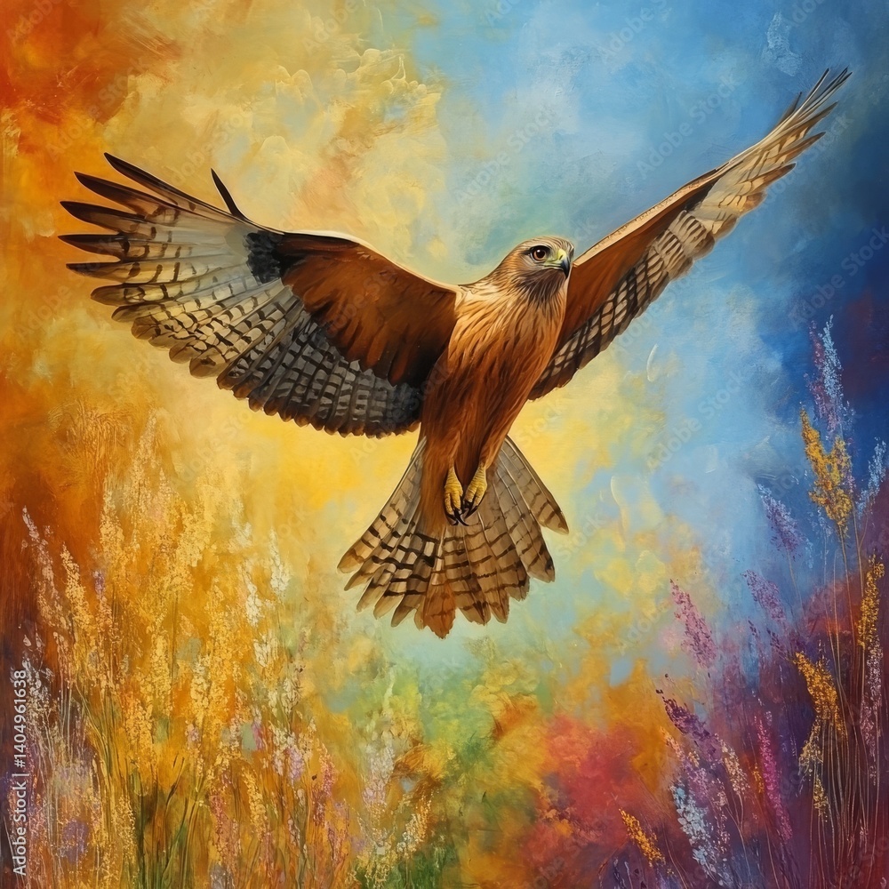 Hawk flies, meadow backdrop.