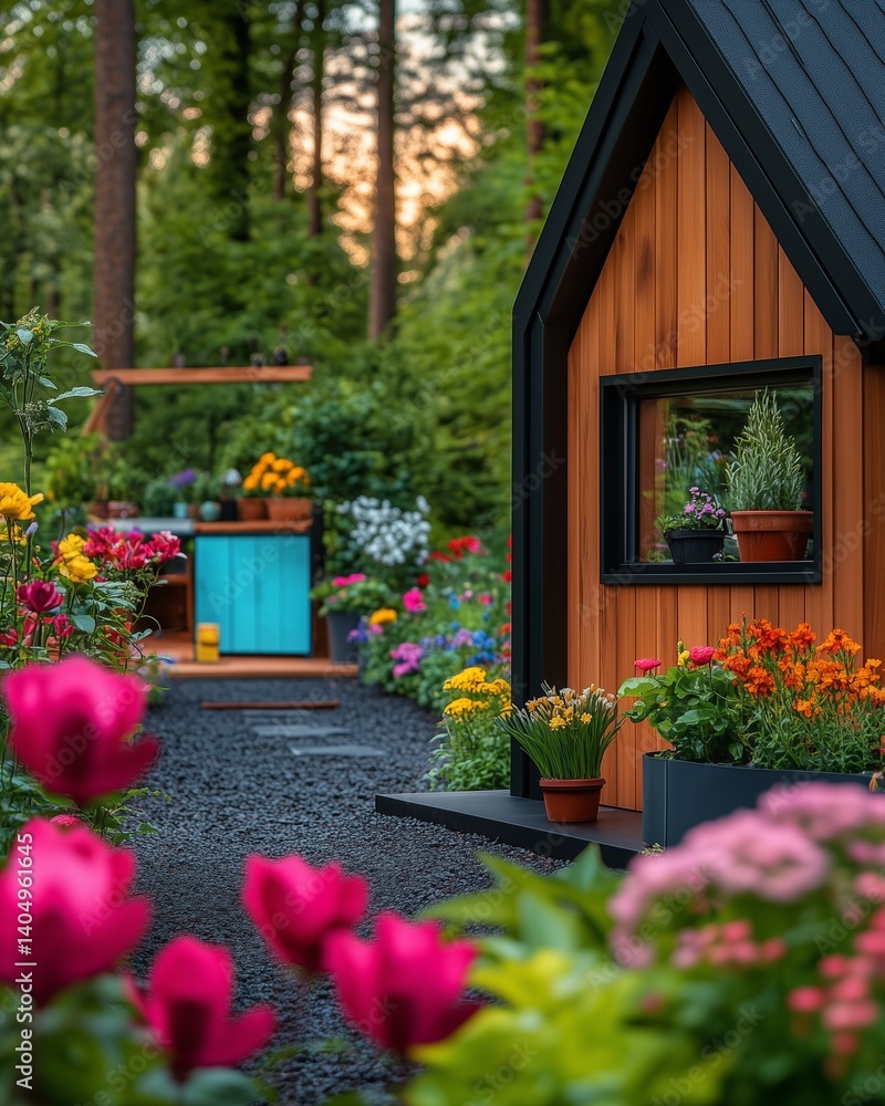 Obraz premium Scandinavian design with Scandinavian tiny house with wooden paneling, black-framed windows . Charming Scandinavian tiny house at sunset, Scandinavian tiny house and flower garden .