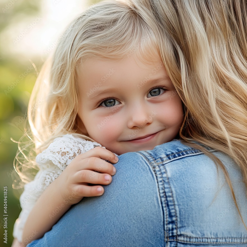 Mom hugs her blonde daughter.