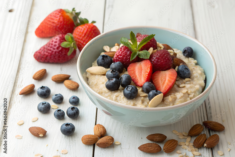 Overnight oats with berries and nuts, clean eating concept Overnight oats with berries and nuts, clean eating concept
