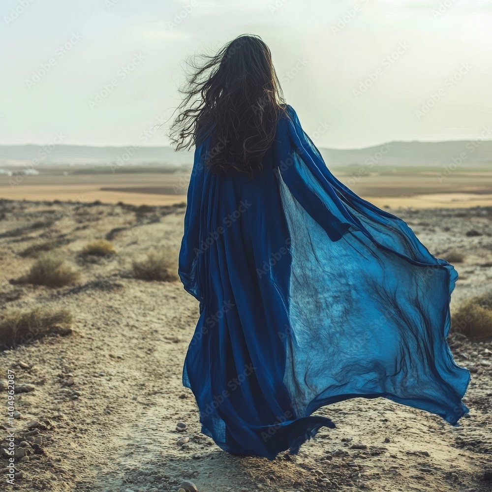 Brunette in blue on windswept, empty land.