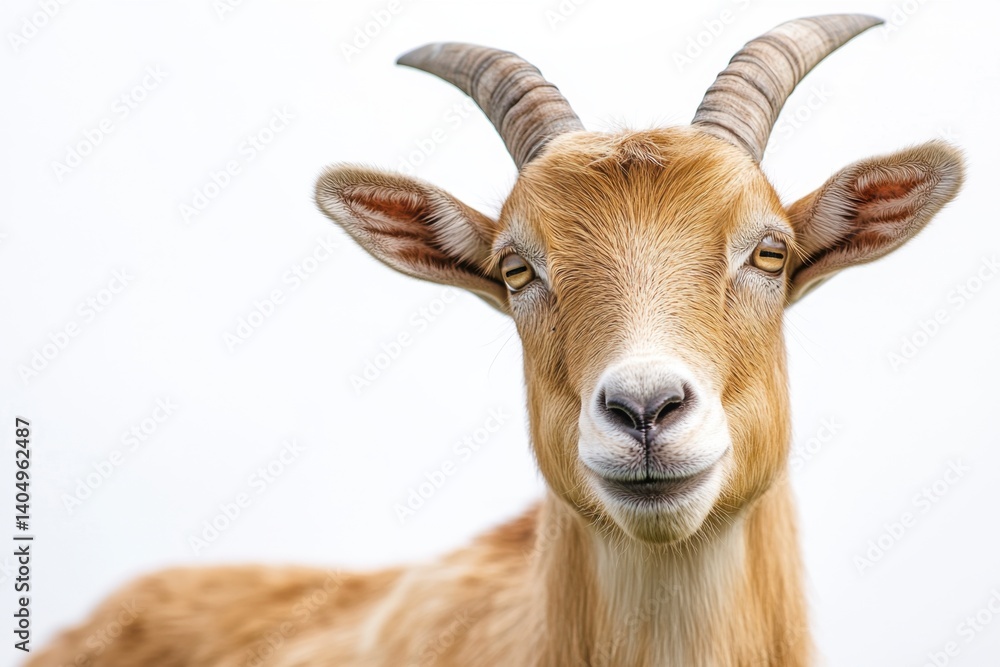 Close-up Portrait of a Tan Goat with Horns on White Background Close-up Portrait of a Tan Goat with Horns on White Background