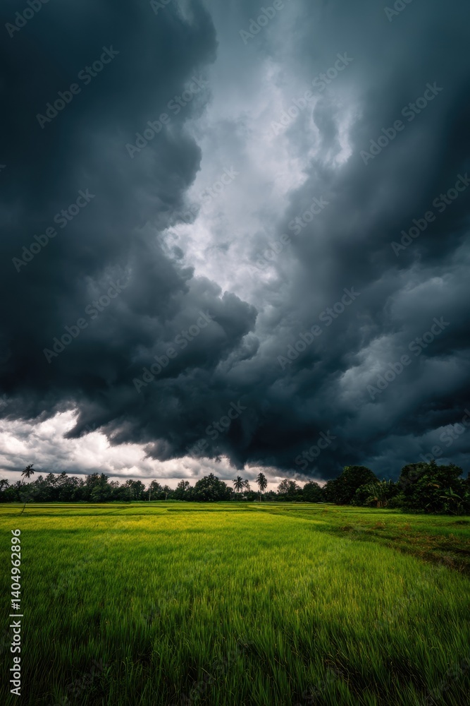 The dark, swirling storm clouds contrast with the vibrant green tropical field below The dark, swirling storm clouds contrast with the vibrant green tropical field below
