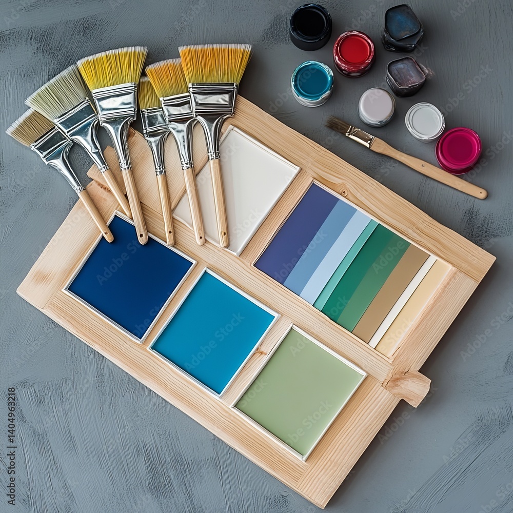Paint tools and Pantone fan on wood: construction concept.