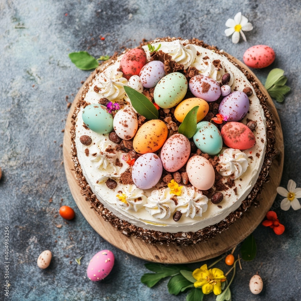 Easter cake with holiday design. Menu idea, top view.