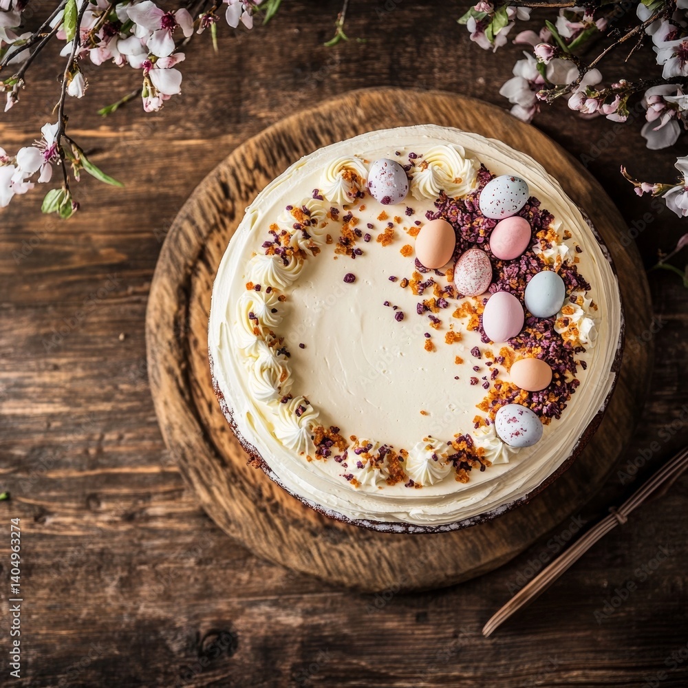 Easter cake, top view. Menu concept.