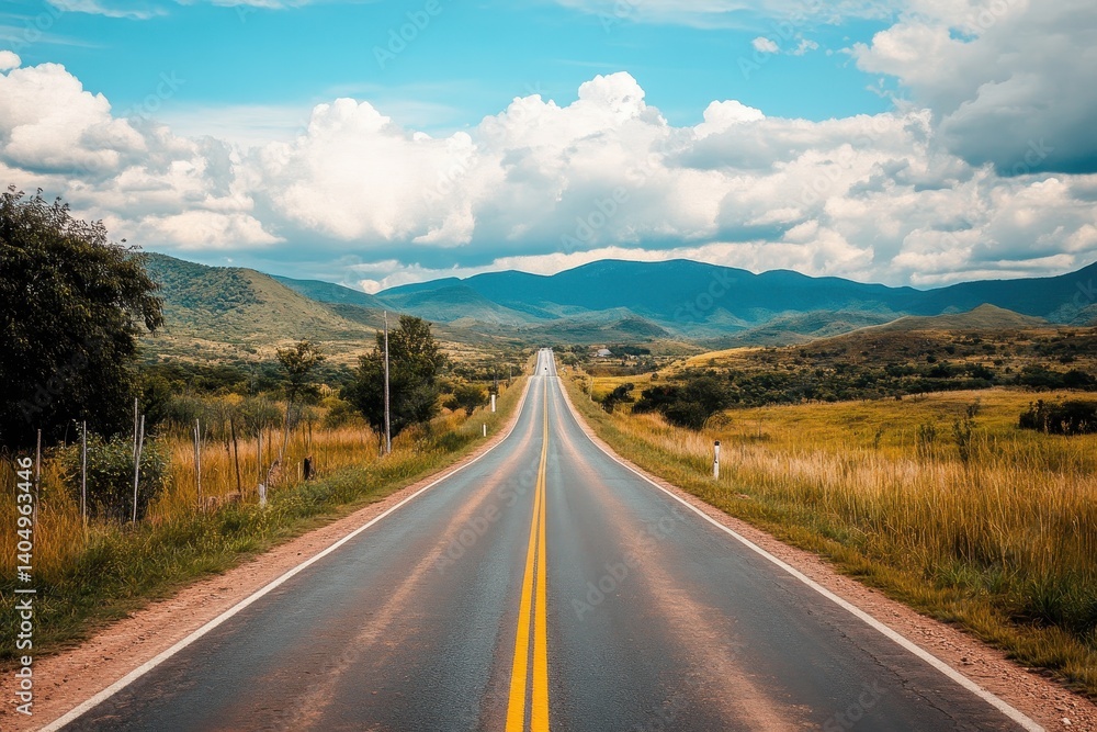 Fototapeta premium Straight road into distant mountains under a blue sky