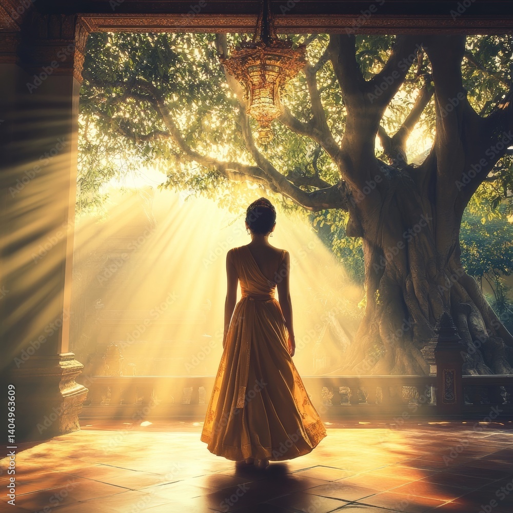 Sunrise: Thai woman in traditional dress at temple.