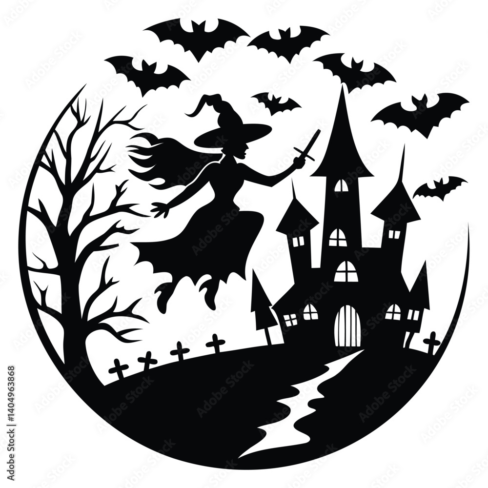 Fototapeta premium Halloween Witch Silhouette: Flying with Castle, Bats, and Tombstones Vector