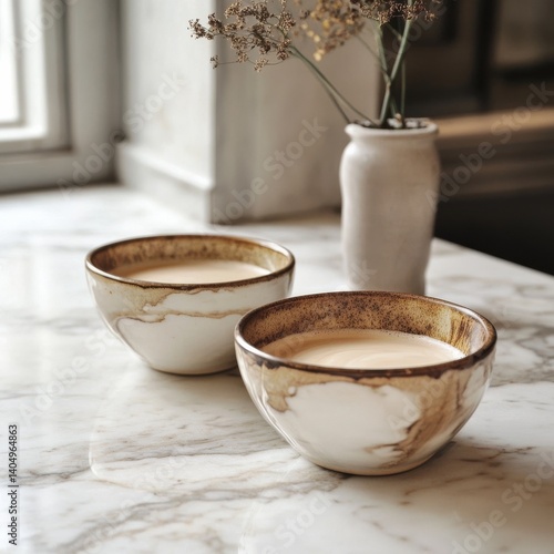 Marble countertop with beautiful cafe au lait bowls.