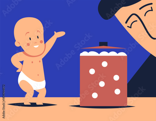Single dad with toddler cooking and smiling. Flat vector illustration in cartoon style.
