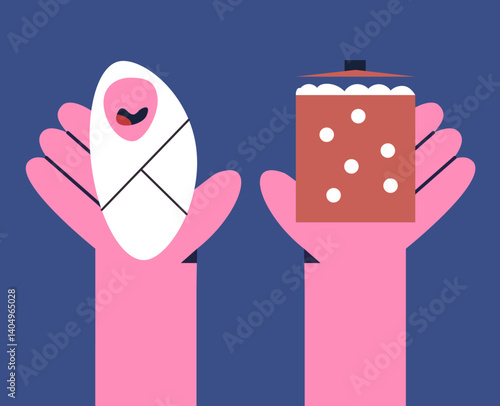 Single dad with baby cooking and. Flat vector illustration in cartoon style.