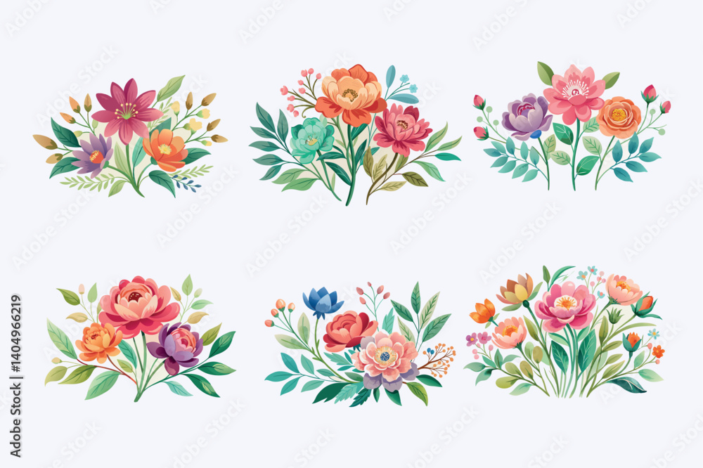 A beautiful set of 6 colorful, hand-drawn floral illustrations featuring elegant flowers and lush green leaves. Perfect for wedding invitations, greeting cards, branding, scrapbooking, and spring-them A beautiful set of 6 colorful, hand-drawn floral illustrations featuring elegant flowers and lush green leaves. Perfect for wedding invitations, greeting cards, branding, scrapbooking, and spring-them