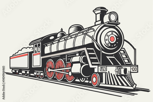 A vintage black steam locomotive vector traverses steel tracks, evoking old railway transport.