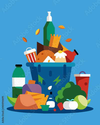 Landfills filled with spoiled groceries discarded without a second thought.. Vector illustration