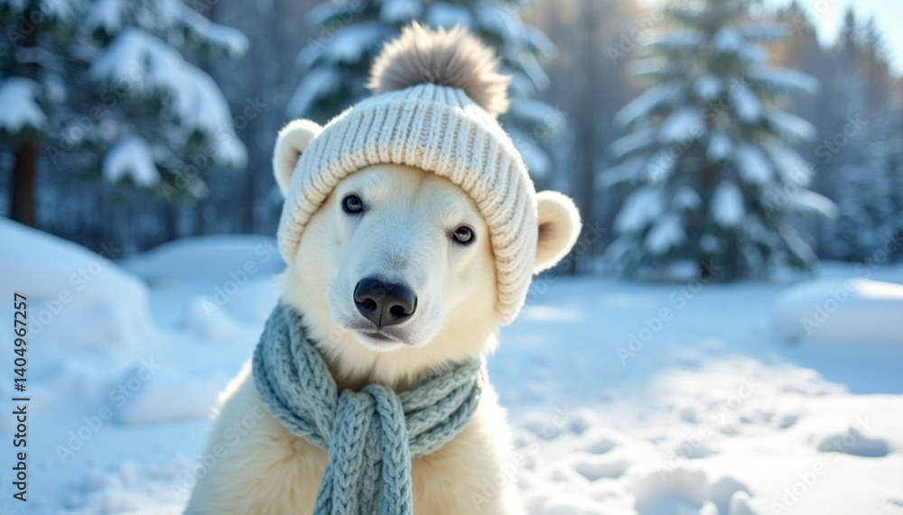 Winter portrait of a cute white dog in a warm hat and scarf. Winter portrait of a cute white dog in a warm hat and scarf.