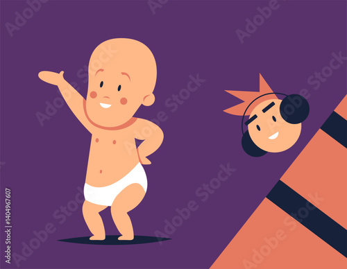 Teen Boy taking care of baby. Flat vector illustration in cartoon style.