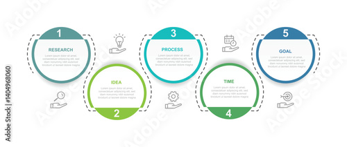 5 step infographic template. Five circle with lines journey and icons suitable foe business information, schedule work, banner presentation