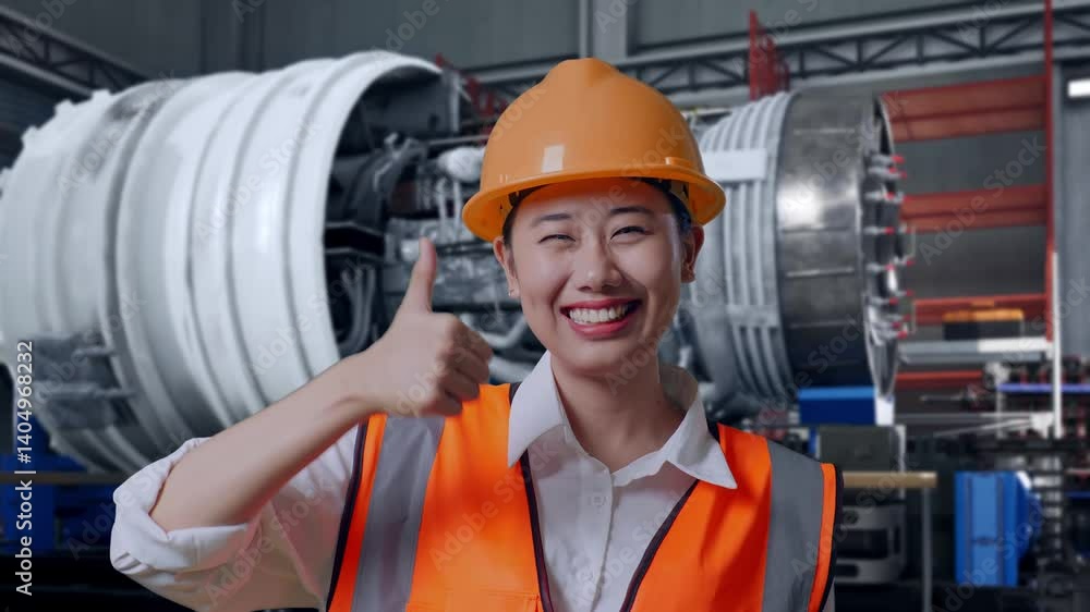custom made wallpaper toronto digitalClose Up Of Asian Female Engineer With Safety Helmet Smiling And Showing Thumbs Up Gesture To The Camera While Standing With Airplane Engine Maintenance Conducted
