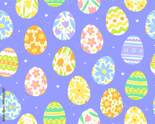 Seamless pattern for Easter day. Various Easter eggs with floral patterns, blue background. Cute illustration, pastel colors.	