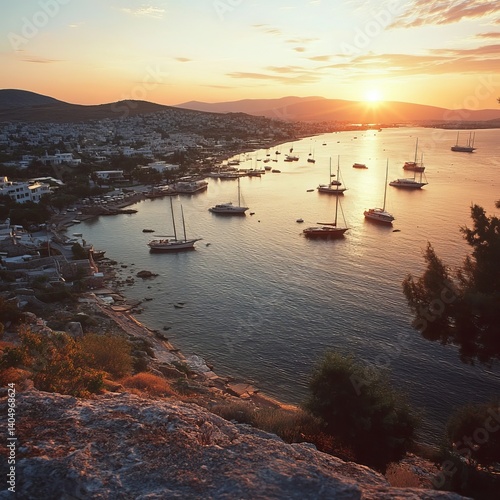 Bodrum suburb & boats in sunset light. July 2019.