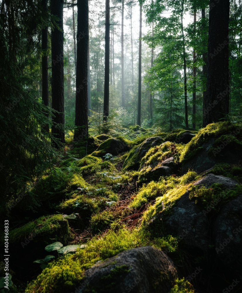 Obraz premium Sunlight filters through trees in a serene forest