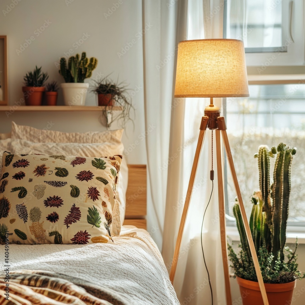 Wooden lamp, patterned pillows, cacti. Feminine room.