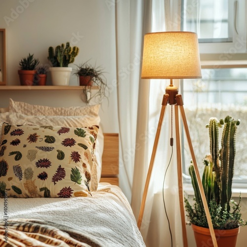 Obraz na płótnie Wooden lamp, patterned pillows, cacti. Feminine room. w salonie
