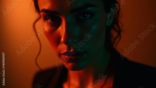 Mysterious Woman Portrait: Neon Lights and Intense Gaze