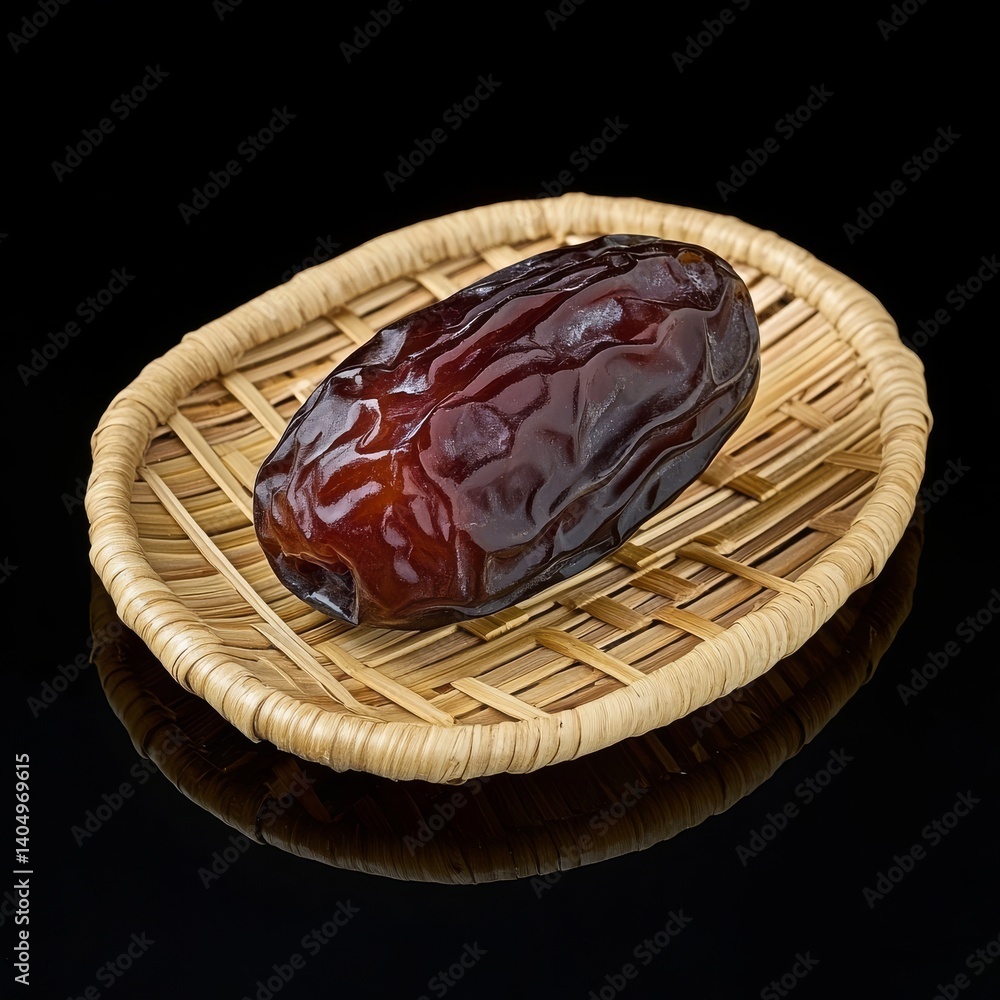 Dried date on bamboo, isolated against black glass.