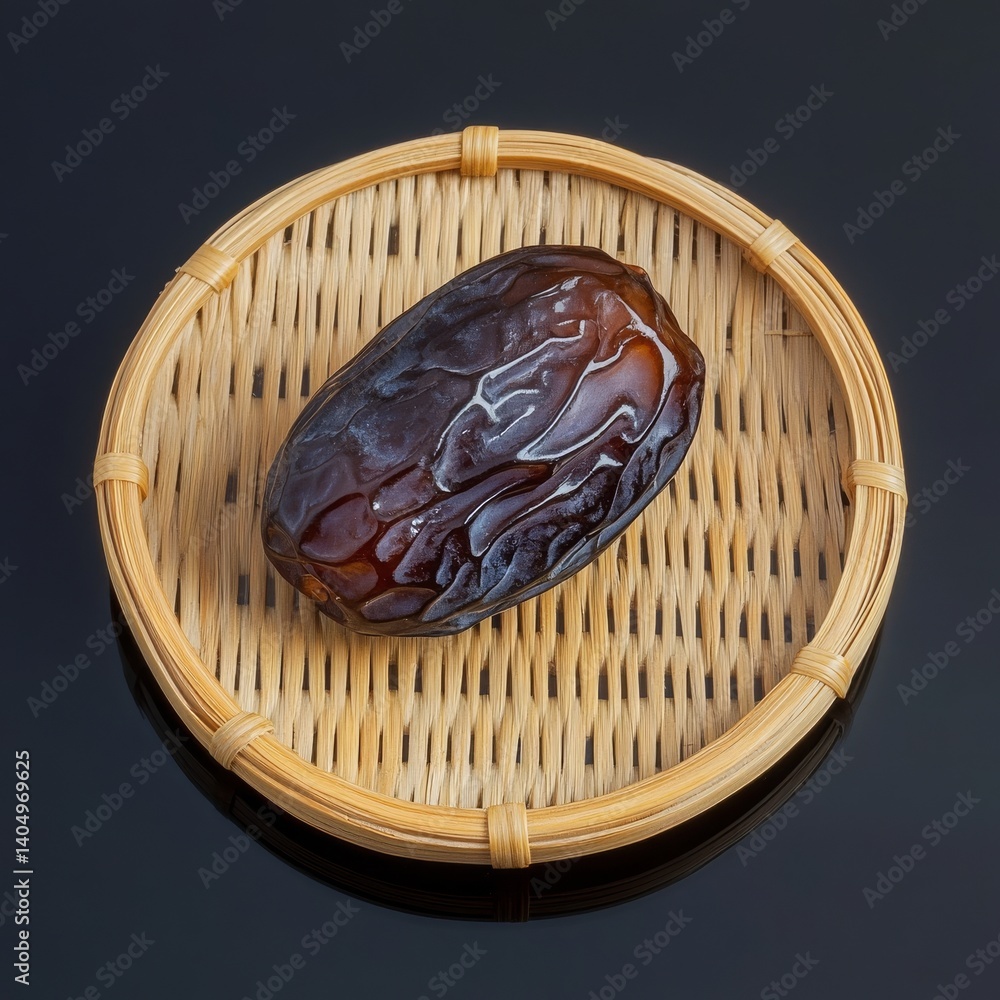 Brown medjool date on bamboo plate, black glass background.