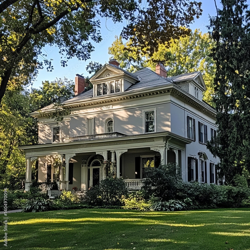 Classic mansion hidden behind trees in a detached house neighborhood.