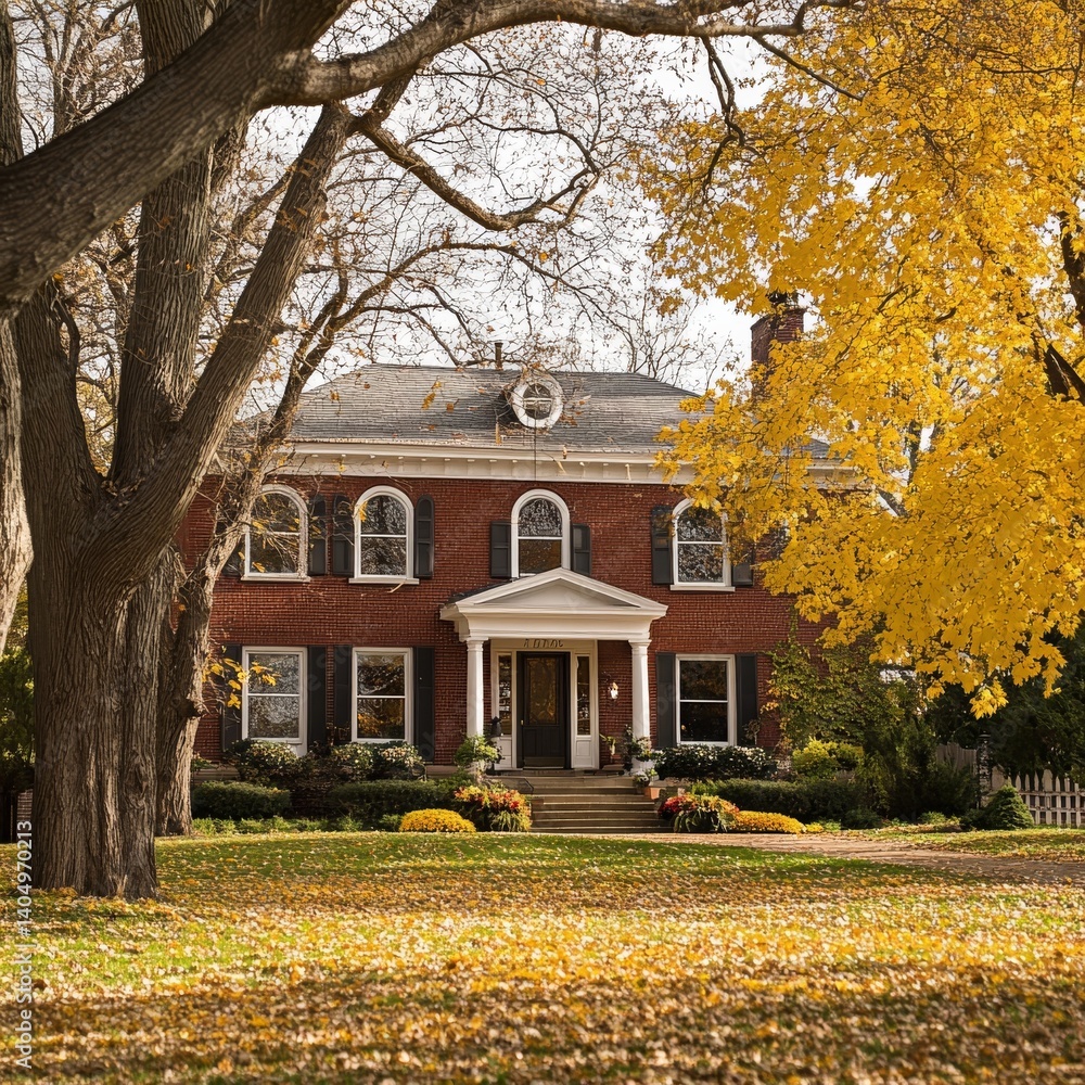 Trees hide a mansion in a detached house neighborhood.
