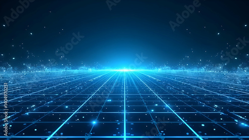 Infinite Horizon: Expanding blue sci-fi grid with digital particles stretching to vanishing point