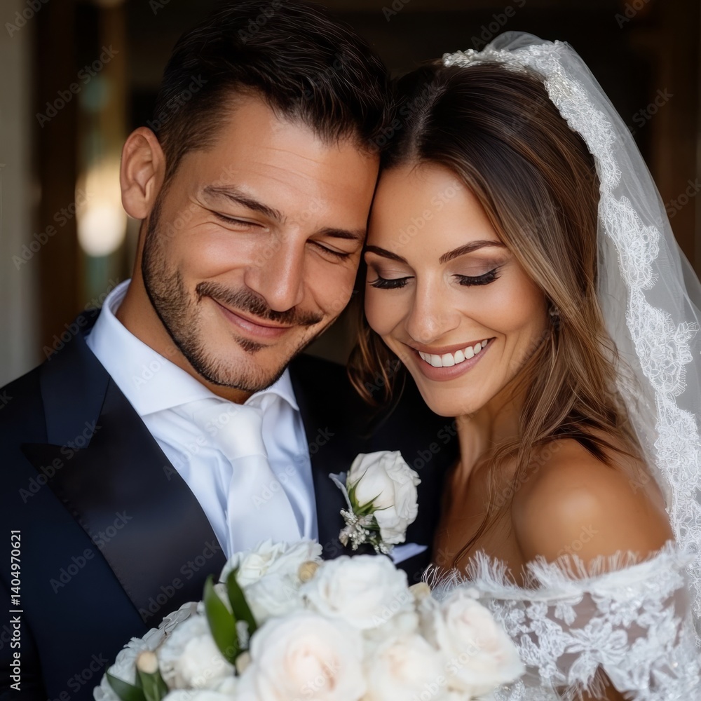 Joyful newlyweds on wedding day.
