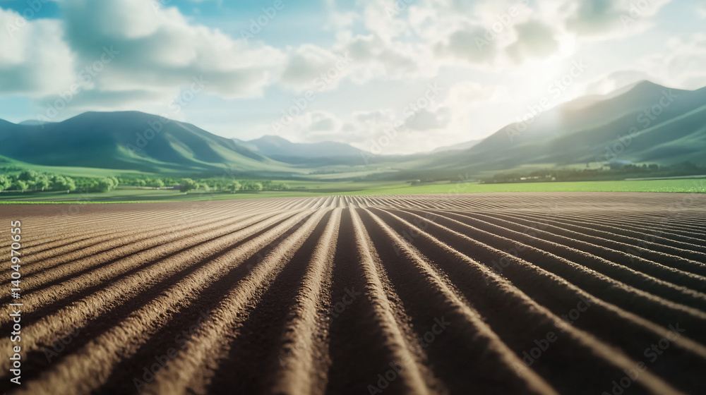 Serene Sunset Over a Vastly Expansive and Perfectly Furrowed Agricultural Field, Nestled Amidst Serene Sunset Over a Vastly Expansive and Perfectly Furrowed Agricultural Field, Nestled Amidst